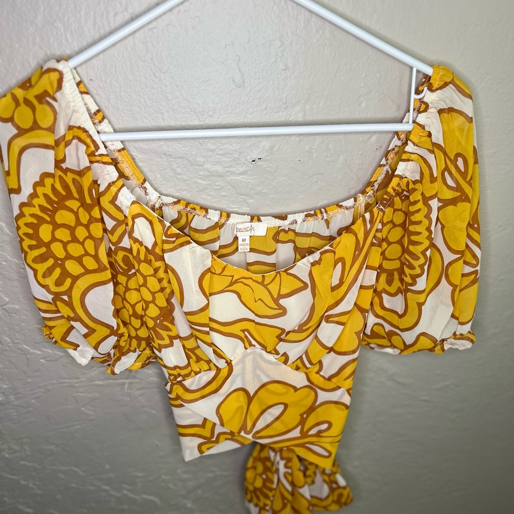 Gold Yellow Crop Blouse with Ruffled Tie Front